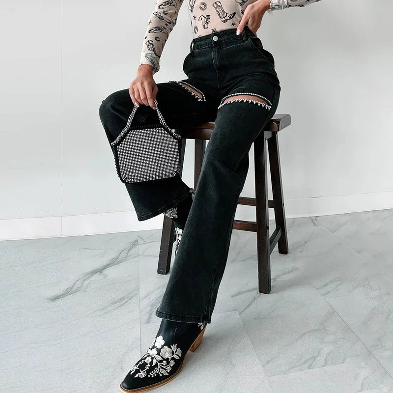 Slim Passform Diamond Patchwork Jeansbyxor för Kvinnor - Whenny
