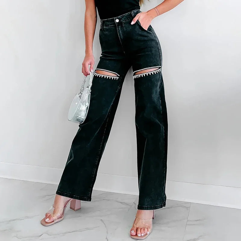 Slim Passform Diamond Patchwork Jeansbyxor för Kvinnor - Whenny
