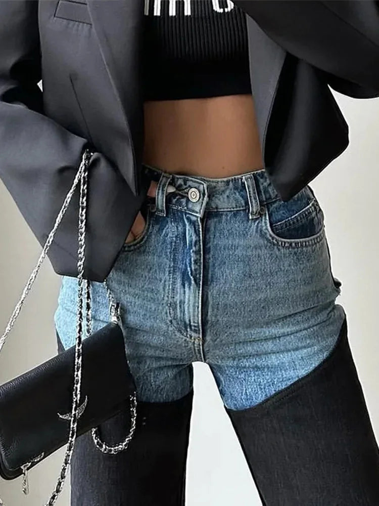 Y2K hög midja patchwork Slim Fit Jeans för kvinnor - Gharina